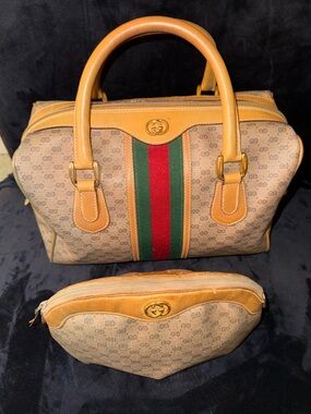 Vintage Gucci Brown Canvas Satchel with Tan Leather and Matching Makeup Bag
